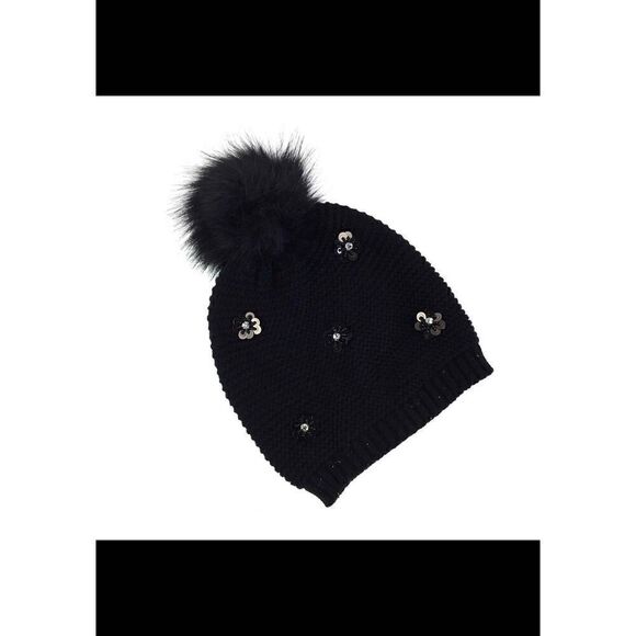 Neiman Marcus Hat Pom Pom Beanie Black Floral Embellished Bling Women One Size - Picture 6 of 11